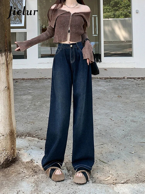 Jielur Jesenske nove vintage uske ženske traperice visokog struka široke hlače ravnih nogavica Ženske modne ulične jednostavne osnovne ženske traperice