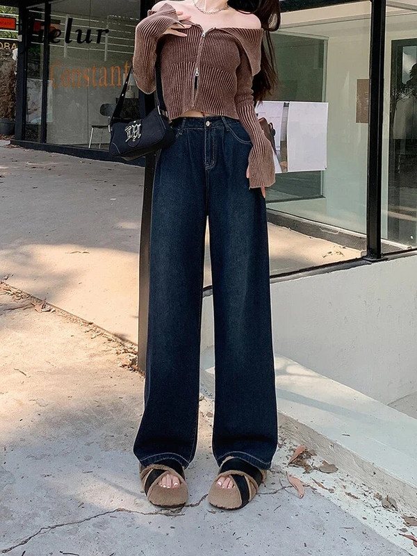 Jielur Jesenske nove vintage uske ženske traperice visokog struka široke hlače ravnih nogavica Ženske modne ulične jednostavne osnovne ženske traperice