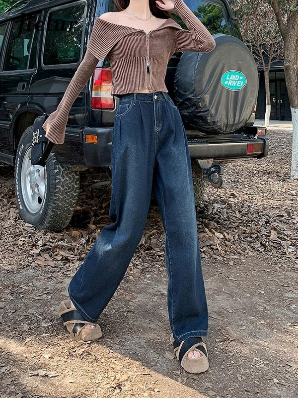 Jielur Jesenske nove vintage uske ženske traperice visokog struka široke hlače ravnih nogavica Ženske modne ulične jednostavne osnovne ženske traperice