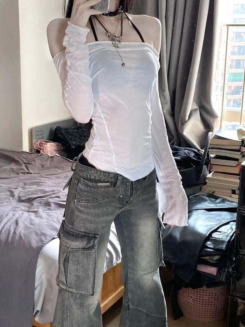 Vintažiniai mažo aukščio, mikro nuskurę džinsai, skalbiami krovininės kelnės moteriškos Y2K tendencijos platėjančios pasagos kelnės gatvės drabužiai