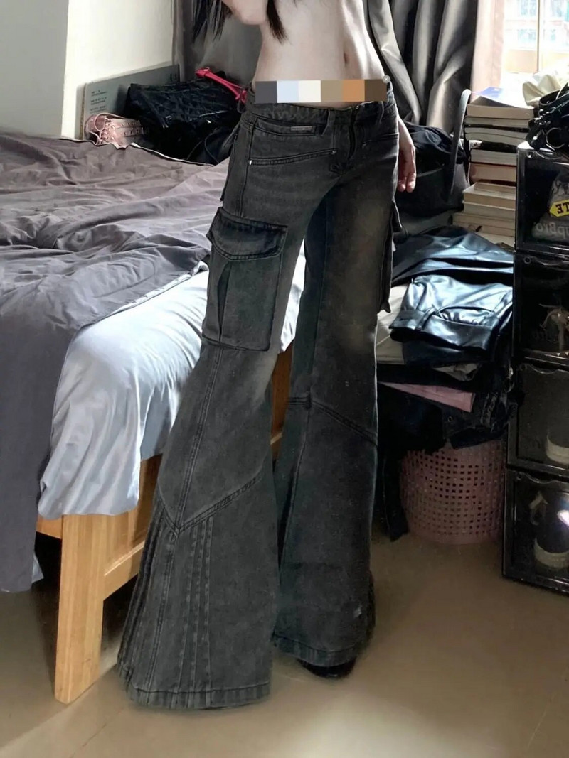 Vintažiniai mažo aukščio, mikro nuskurę džinsai, skalbiami krovininės kelnės moteriškos Y2K tendencijos platėjančios pasagos kelnės gatvės drabužiai