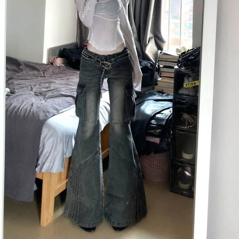 Vintažiniai mažo aukščio, mikro nuskurę džinsai, skalbiami krovininės kelnės moteriškos Y2K tendencijos platėjančios pasagos kelnės gatvės drabužiai