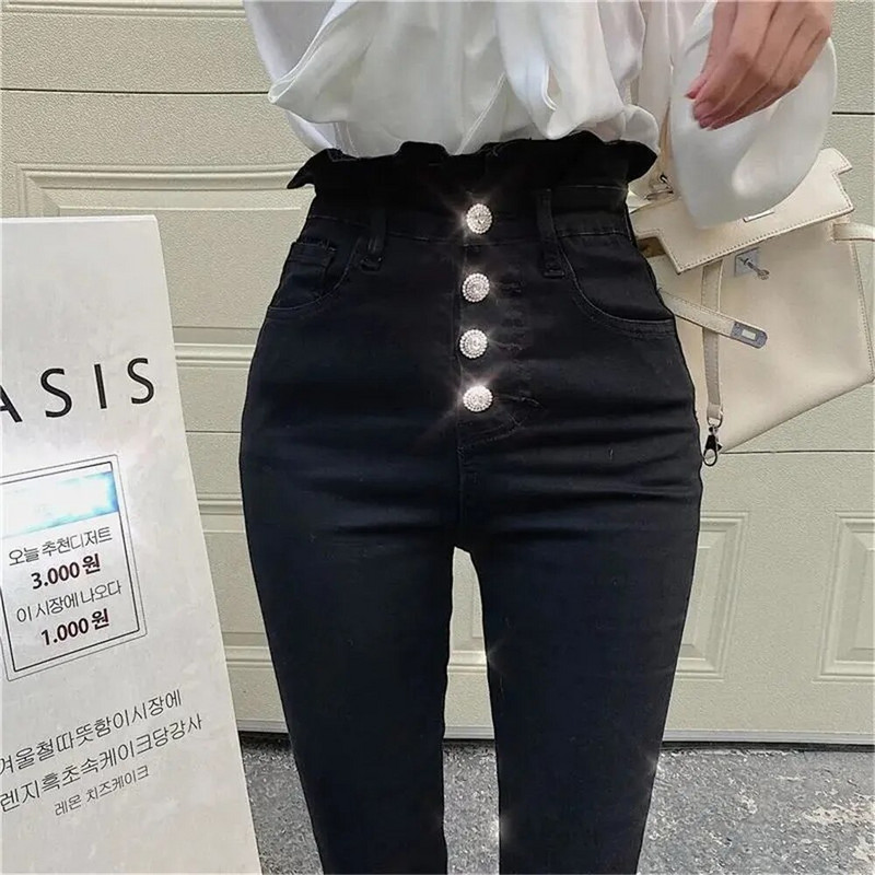 Μολύβι τζιν με πέταλο για γυναίκες Καλοκαιρινό φθινόπωρο Ψηλόμεσο Slim μακρύ τζιν παντελόνι με μολύβι Μαύρο γυναικείο ελαστικό τζιν