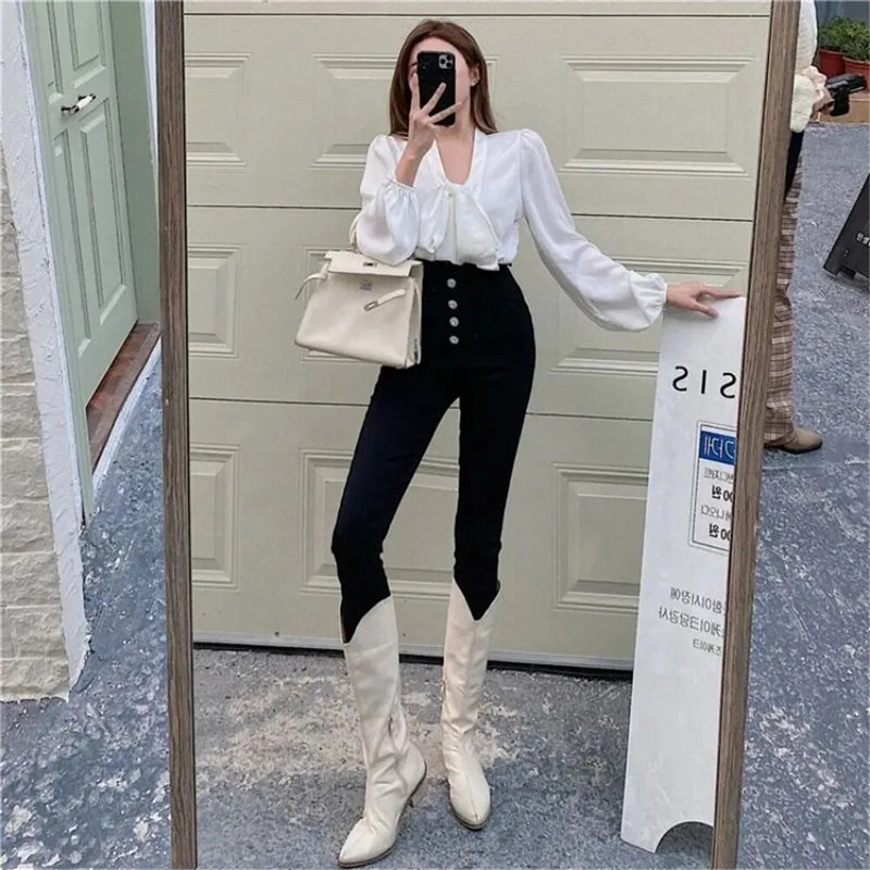 Μολύβι τζιν με πέταλο για γυναίκες Καλοκαιρινό φθινόπωρο Ψηλόμεσο Slim μακρύ τζιν παντελόνι με μολύβι Μαύρο γυναικείο ελαστικό τζιν