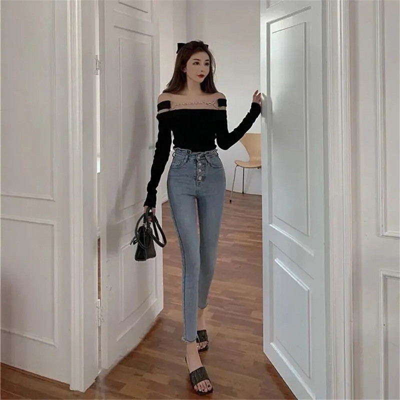 Μολύβι τζιν με πέταλο για γυναίκες Καλοκαιρινό φθινόπωρο Ψηλόμεσο Slim μακρύ τζιν παντελόνι με μολύβι Μαύρο γυναικείο ελαστικό τζιν