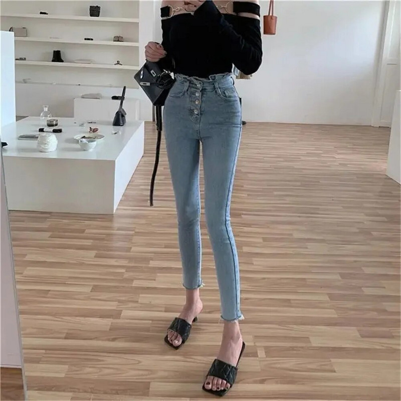 Μολύβι τζιν με πέταλο για γυναίκες Καλοκαιρινό φθινόπωρο Ψηλόμεσο Slim μακρύ τζιν παντελόνι με μολύβι Μαύρο γυναικείο ελαστικό τζιν
