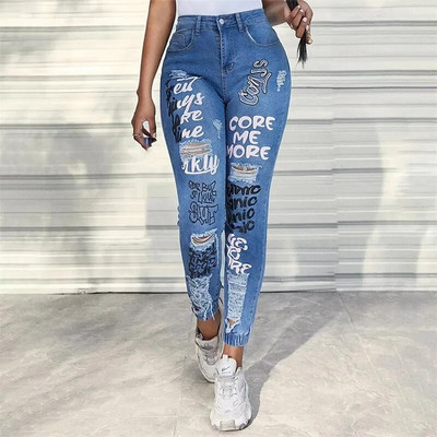 Mados abėcėlės spauda Tamprios kojos Pieštukas Džinsai Moteriškos Sulaužytos skylutės Džinsinės kelnės Moteriškos plonos vidurio juosmens sagos Prašmatnios kelnės