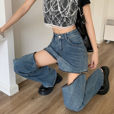 Y2k Blue Jeans Pantaloni detașabili cu talie înaltă de vară femei stil coreean cu fermoar largi Streetwear pantaloni din denim largi drepti