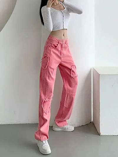 Cotvotee Ženske traperice visokog struka Denim Love Patch Odjeća od trapera širokih nogavica Ružičaste traperice Višeslojne Vintage ravne ženske hlače