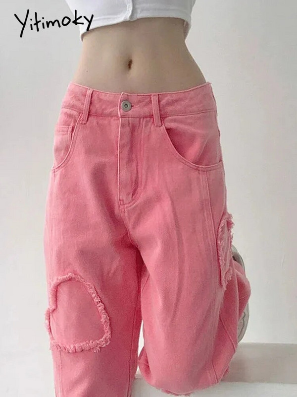 Cotvotee Ženske traperice visokog struka Denim Love Patch Odjeća od trapera širokih nogavica Ružičaste traperice Višeslojne Vintage ravne ženske hlače
