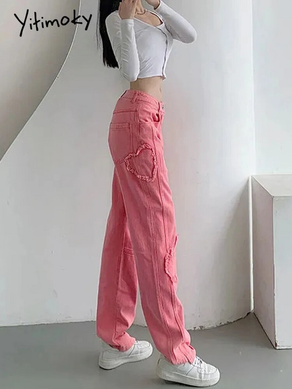 Cotvotee Ženske traperice visokog struka Denim Love Patch Odjeća od trapera širokih nogavica Ružičaste traperice Višeslojne Vintage ravne ženske hlače