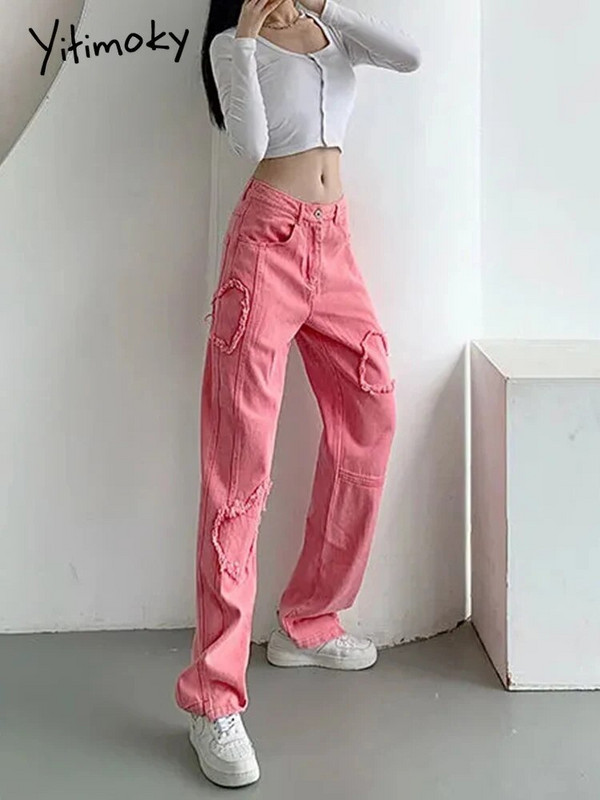 Cotvotee Ženske traperice visokog struka Denim Love Patch Odjeća od trapera širokih nogavica Ružičaste traperice Višeslojne Vintage ravne ženske hlače