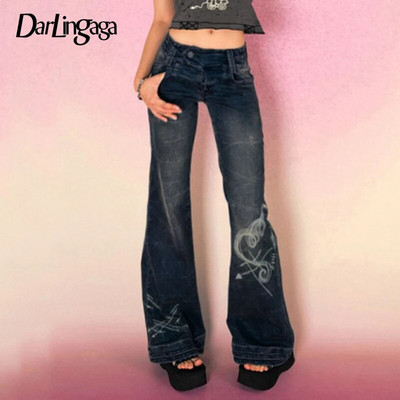 Darlingaga Y2K Grunge Fairycore Chic uske lepršave traperice niskog struka Ženske vintage traper hlače s otiskom srca Boot Cut