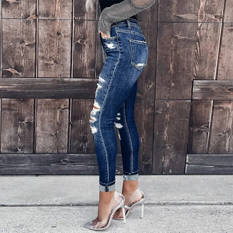 Modne uske pencil traperice s razbijenim rupama Ženske tamnoplave traper hlače s dugmadima visokog struka Ženske ljetne ležerne uske hlače