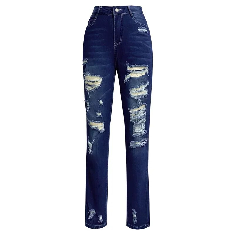 Modne uske pencil traperice s razbijenim rupama Ženske tamnoplave traper hlače s dugmadima visokog struka Ženske ljetne ležerne uske hlače