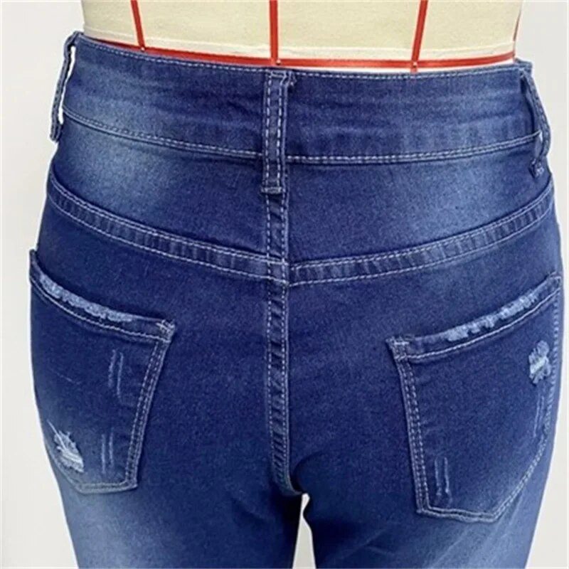 Modne uske pencil traperice s razbijenim rupama Ženske tamnoplave traper hlače s dugmadima visokog struka Ženske ljetne ležerne uske hlače