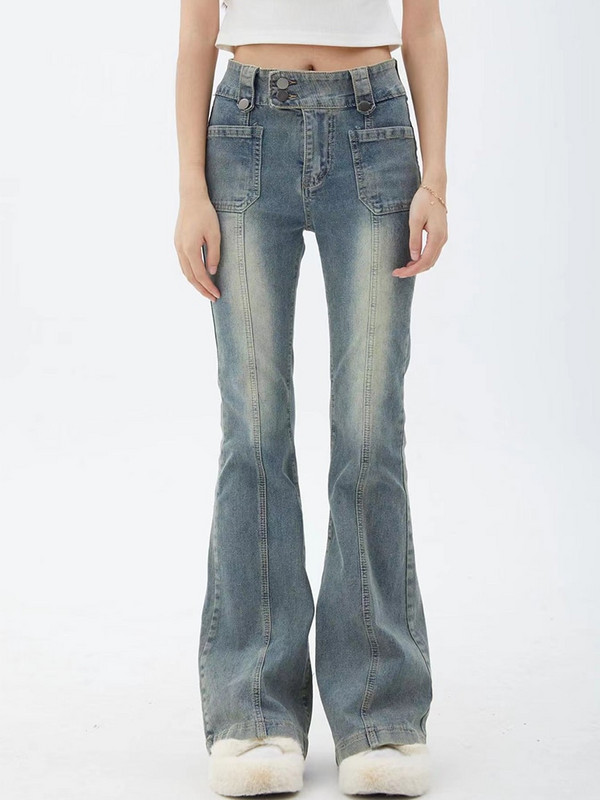 Plave ženske traperice Gyaru lepršave hlače visokog struka Vintage traper zvonaste ženske Harajuku Streetwear Chic hlače s plimom iz 2000-ih Y2k