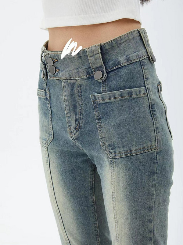 Plave ženske traperice Gyaru lepršave hlače visokog struka Vintage traper zvonaste ženske Harajuku Streetwear Chic hlače s plimom iz 2000-ih Y2k