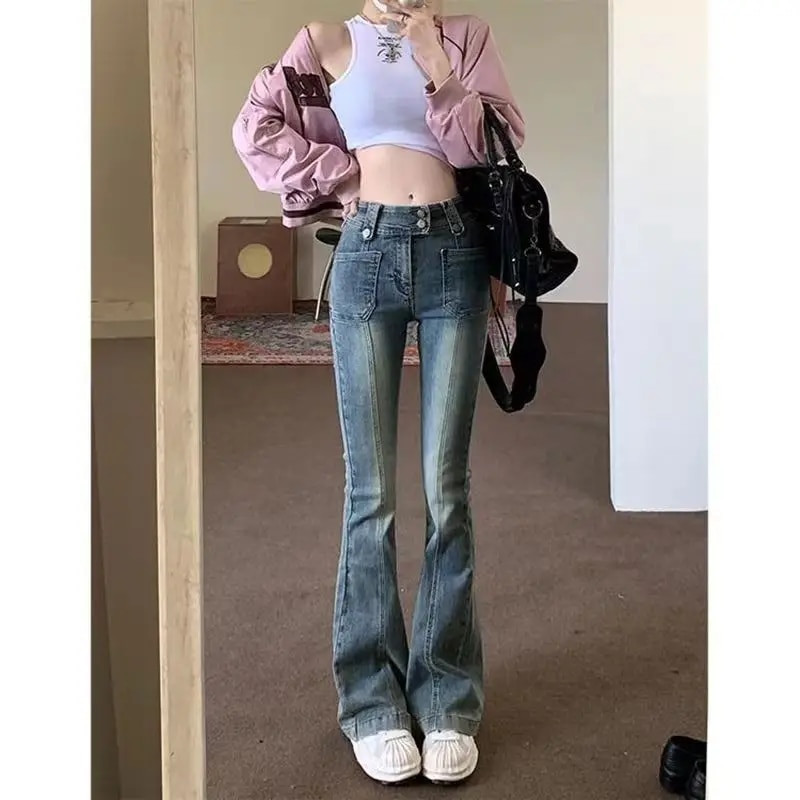 Plave ženske traperice Gyaru lepršave hlače visokog struka Vintage traper zvonaste ženske Harajuku Streetwear Chic hlače s plimom iz 2000-ih Y2k