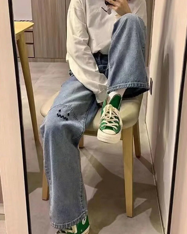 GIDYQ Vintage zâmbitor blugi brodați femei moda drăguț talie înaltă pantaloni drepți casual largi pantaloni largi toamnă