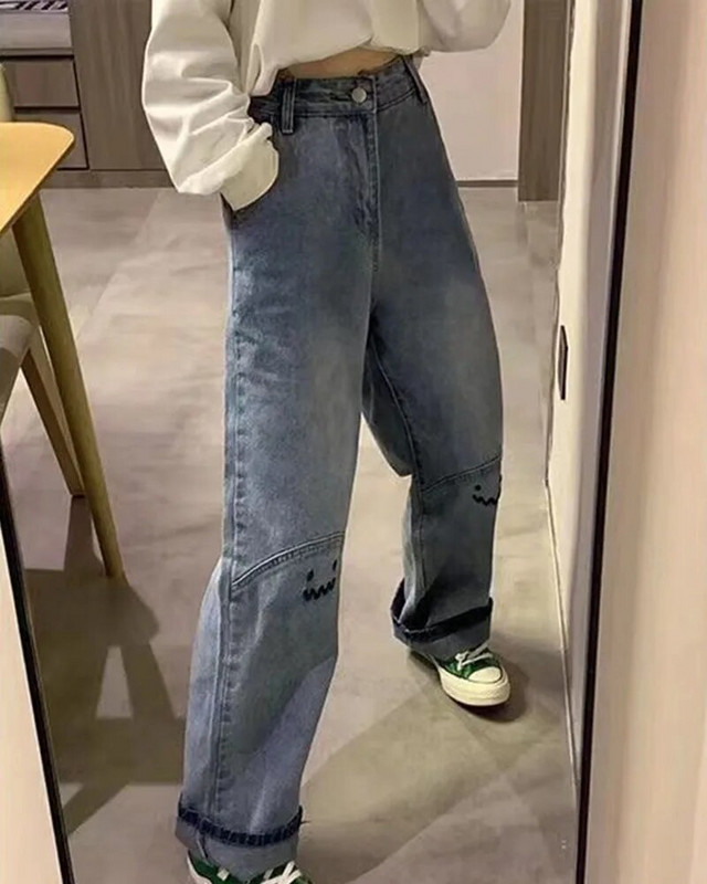 GIDYQ Vintage zâmbitor blugi brodați femei moda drăguț talie înaltă pantaloni drepți casual largi pantaloni largi toamnă