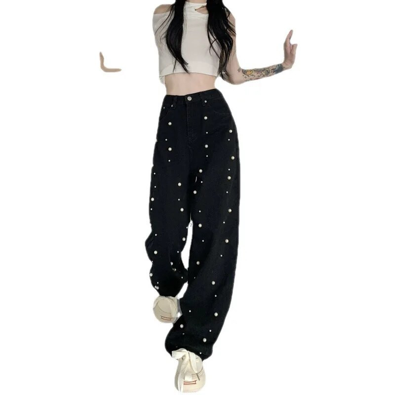 Y2k Jeans Ženske jakne biserne traperice visokog struka Svestrane traperice koje se vuku po podu Džinsy Ženski