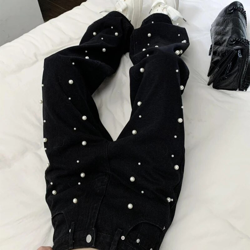 Y2k Jeans Ženske jakne biserne traperice visokog struka Svestrane traperice koje se vuku po podu Džinsy Ženski
