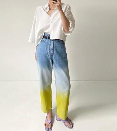 Traperice Ženske traperice visokog struka Y2K Gradient Button Denim Hlače Dizajnerske uske ulične modne ravne hlače za proljeće 2024.