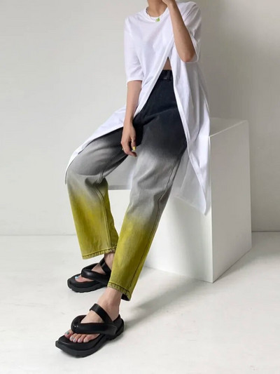 Traperice Ženske traperice visokog struka Y2K Gradient Button Denim Hlače Dizajnerske uske ulične modne ravne hlače za proljeće 2024.