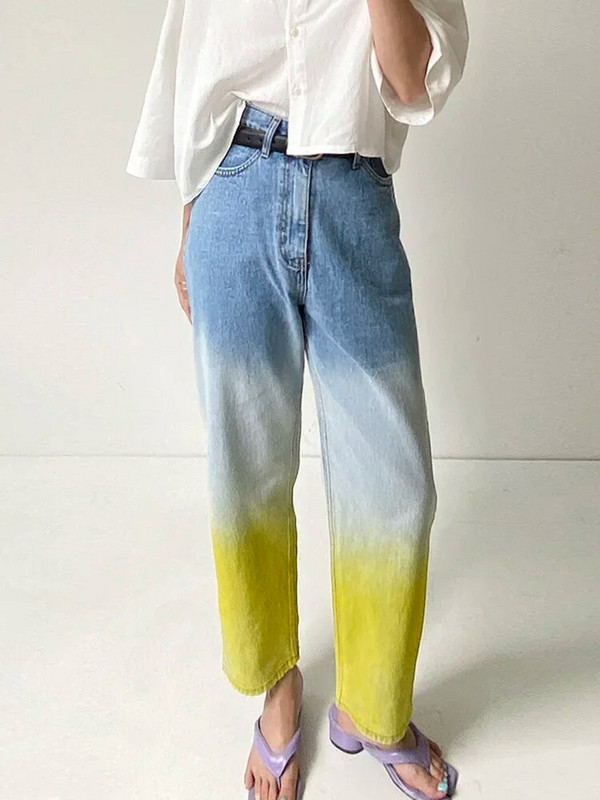 Traperice Ženske traperice visokog struka Y2K Gradient Button Denim Hlače Dizajnerske uske ulične modne ravne hlače za proljeće 2024.