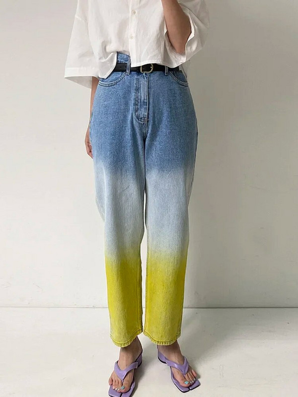 Traperice Ženske traperice visokog struka Y2K Gradient Button Denim Hlače Dizajnerske uske ulične modne ravne hlače za proljeće 2024.
