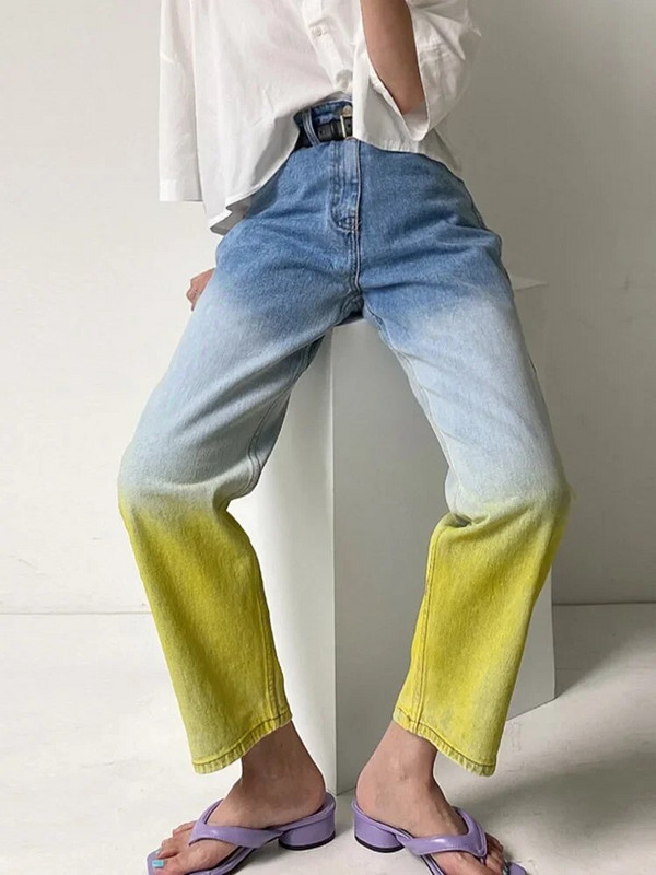 Traperice Ženske traperice visokog struka Y2K Gradient Button Denim Hlače Dizajnerske uske ulične modne ravne hlače za proljeće 2024.