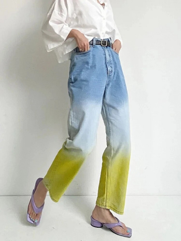 Traperice Ženske traperice visokog struka Y2K Gradient Button Denim Hlače Dizajnerske uske ulične modne ravne hlače za proljeće 2024.