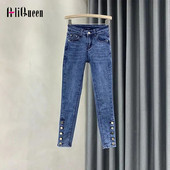 Ženske vintage plave pencil traperice s visokim strukom Ženske ležerne traperice do gležnja rastezljive na bočne gumbe Traper hlače Streetwear Mom Jeans