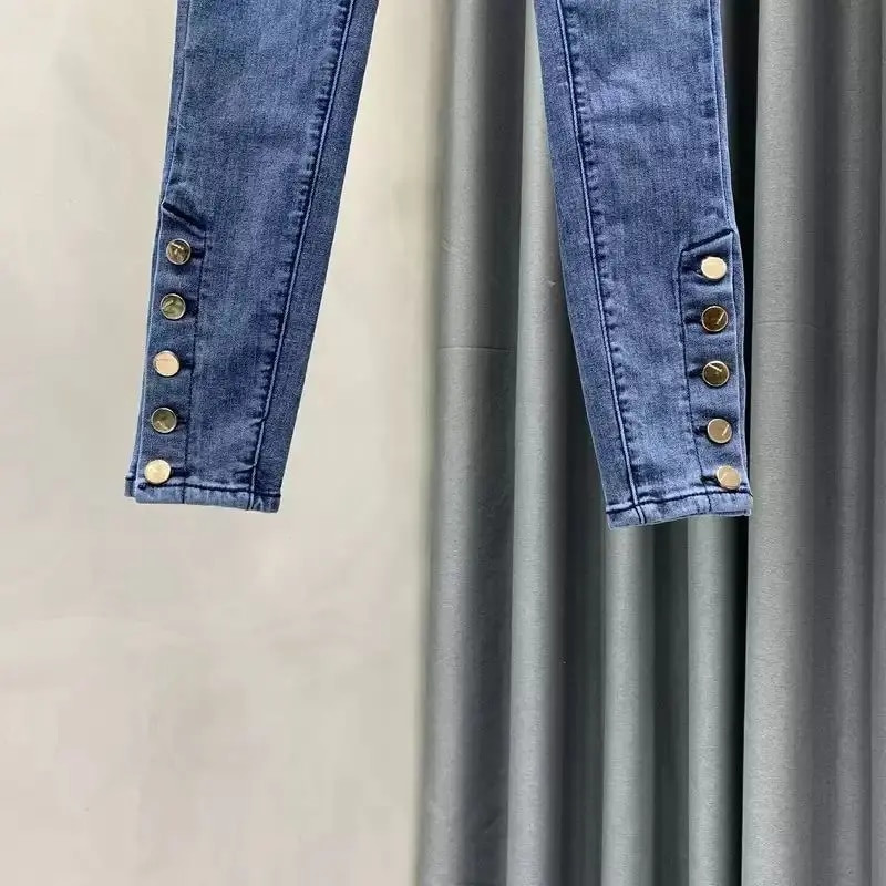 Ženske vintage plave pencil traperice s visokim strukom Ženske ležerne traperice do gležnja rastezljive na bočne gumbe Traper hlače Streetwear Mom Jeans
