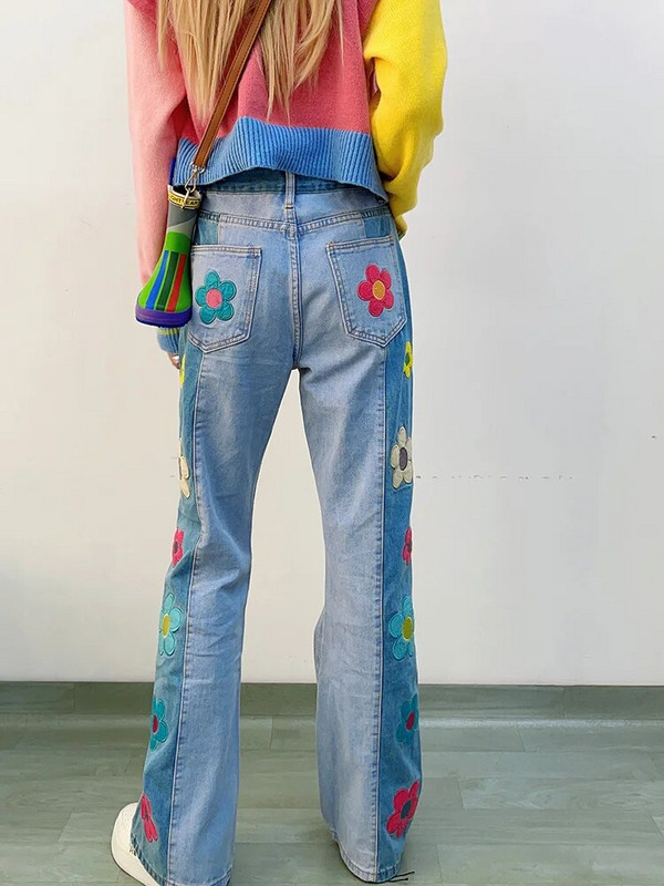 Y2k 2000-ih Traperice visokog struka Djevojačke proljetne cvjetne printove Estetika Kontrastne boje Pantalone Preppy stila Slatke dopaminske ženske hlače