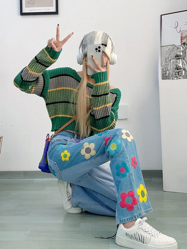 Y2k 2000-ih Traperice visokog struka Djevojačke proljetne cvjetne printove Estetika Kontrastne boje Pantalone Preppy stila Slatke dopaminske ženske hlače