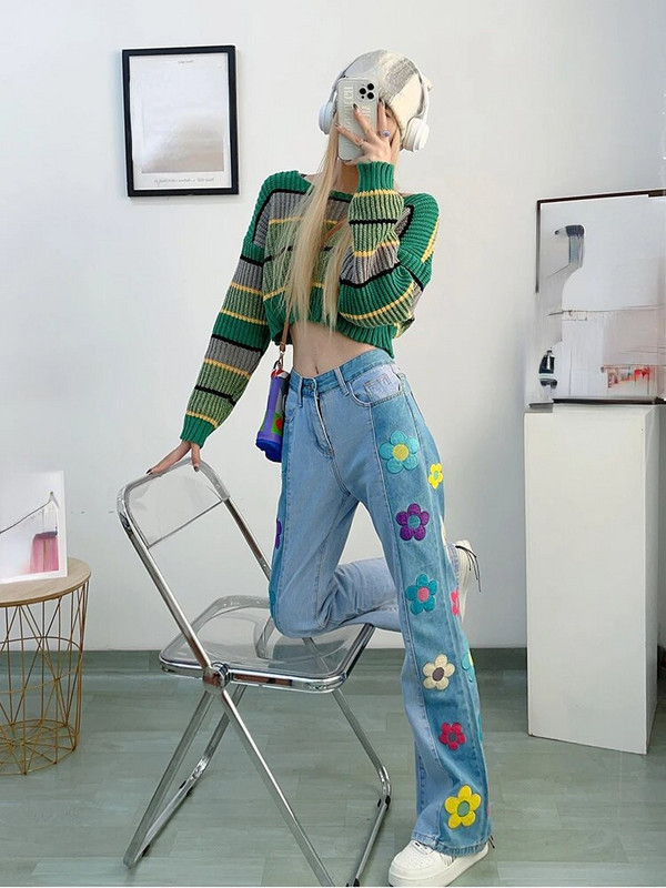 Y2k 2000-ih Traperice visokog struka Djevojačke proljetne cvjetne printove Estetika Kontrastne boje Pantalone Preppy stila Slatke dopaminske ženske hlače