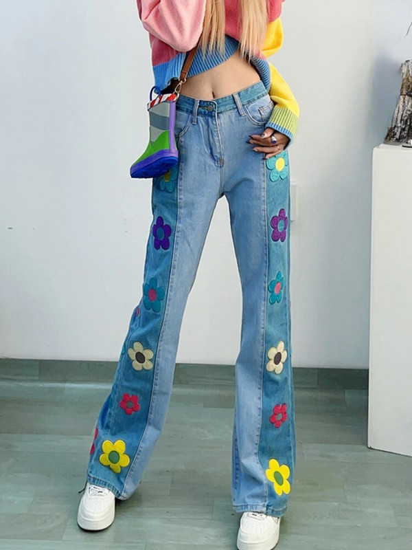 Y2k 2000-ih Traperice visokog struka Djevojačke proljetne cvjetne printove Estetika Kontrastne boje Pantalone Preppy stila Slatke dopaminske ženske hlače
