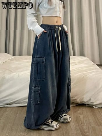 Hot Girl Vintage Μεγάλη τσέπη Oversized Baggy Cargo Jeans Femme ελαστική μέση ίσια παντελόνι φαρδύ πόδι Παντελόνι τζιν Γυναικείο