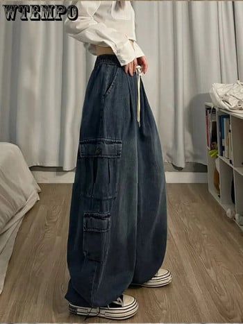 Hot Girl Vintage Μεγάλη τσέπη Oversized Baggy Cargo Jeans Femme ελαστική μέση ίσια παντελόνι φαρδύ πόδι Παντελόνι τζιν Γυναικείο