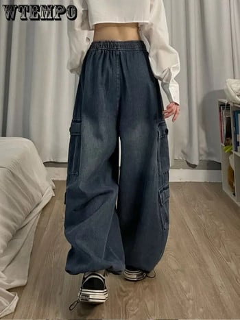 Hot Girl Vintage Μεγάλη τσέπη Oversized Baggy Cargo Jeans Femme ελαστική μέση ίσια παντελόνι φαρδύ πόδι Παντελόνι τζιν Γυναικείο