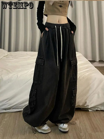 Hot Girl Vintage Μεγάλη τσέπη Oversized Baggy Cargo Jeans Femme ελαστική μέση ίσια παντελόνι φαρδύ πόδι Παντελόνι τζιν Γυναικείο