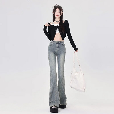 2024. Ženske modne Y2K Streetwear lepršave traperice Grunge zvonaste hlače Retro plave crne sive rastezljive traper hlače