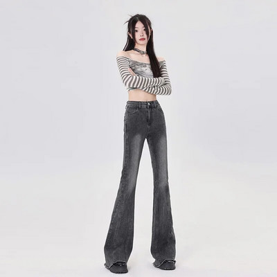 2024. Ženske modne Y2K Streetwear lepršave traperice Grunge zvonaste hlače Retro plave crne sive rastezljive traper hlače