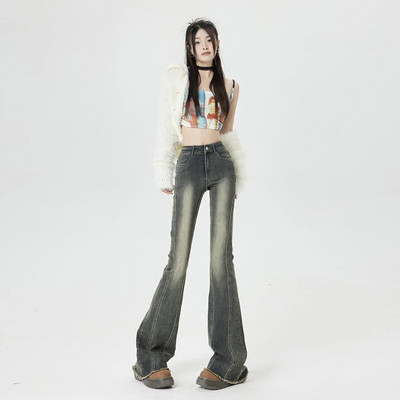 2024. Ženske modne Y2K Streetwear lepršave traperice Grunge zvonaste hlače Retro plave crne sive rastezljive traper hlače