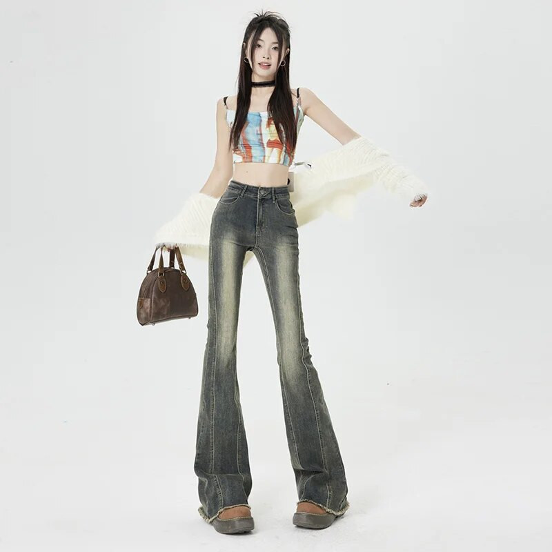 2024. Ženske modne Y2K Streetwear lepršave traperice Grunge zvonaste hlače Retro plave crne sive rastezljive traper hlače