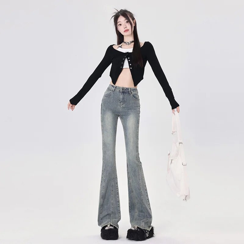 2024. Ženske modne Y2K Streetwear lepršave traperice Grunge zvonaste hlače Retro plave crne sive rastezljive traper hlače