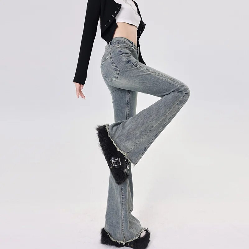 2024. Ženske modne Y2K Streetwear lepršave traperice Grunge zvonaste hlače Retro plave crne sive rastezljive traper hlače