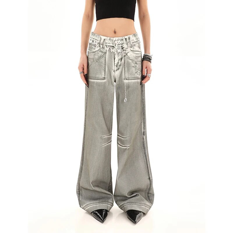 Blugi de damă gri, talie înaltă, vintage, drepte, pantaloni largi din denim, îmbrăcăminte de stradă, în stil american, ocazional, cu picioare largi, pantaloni din denim